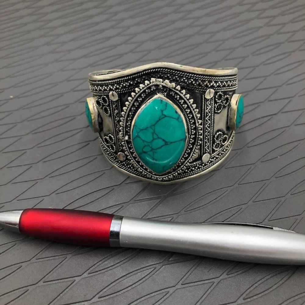 single Ethnic Afghan Green Stone Handcuff Bracelet- Handmade Kuchi Bracele
